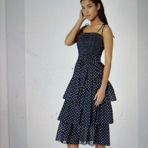 Tory Burch Navy and White Polka Dot Tiered Midi Dress